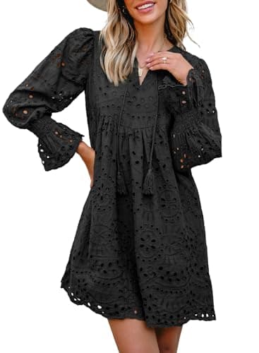 Dokotoo Spring Dresses for Women 2026 Fashion Tassel V Neck Spring Dress Long Sleeve A Line Hollow Out Lace Black Dress Ruffle Cute Flowy Beach Cocktail Sun Dresses Medium - Image 1