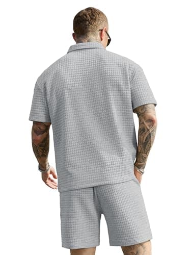 JEMLDL Men's Short Sets 2 Piece Polo Shirt Summer Outfits Casual Fashion Loungewear Short Sleeve Travel Golf Tracksuits Gray Small - Thumbnail 3