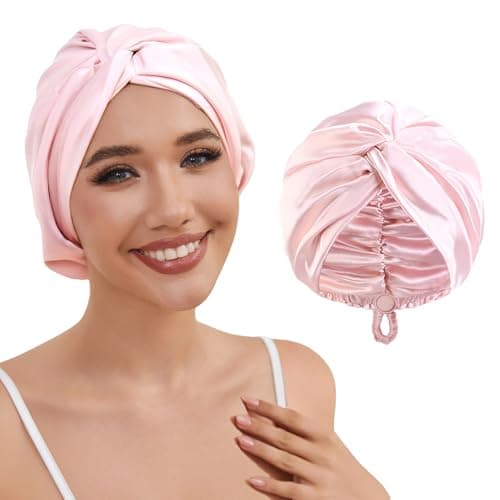 HFRHTGY Adjustable Silk Satin Hair Bonnet for Sleeping Women Hair Wrap, Double Layer Night Turban, Sleep Cap for Natural Curly Straight Unisex - Pink