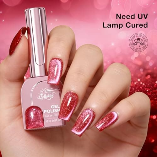 GELLAKTIK Ruby Pink Cat Eye Gel Nail Polish with Magnetic Stick - 12ML Glitter Magnetic Nail Polish for Multiple 3D Effects, Soak Off UV LED Gel Polish for DIY Manicure Salon Gifts for Women - Thumbnail 4