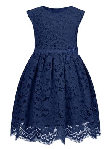ALLOVIN Girls & Toddlers Sleeveless A-Line Lace Party Dress Birthday Wedding & Flower Girl Dress with Beaded Bowknot | Navy Blue | 3-4T - Image 1