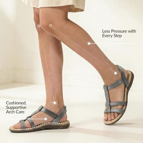 Rihero Arch Support Orthopedic Sandals for Women Comfortable Dressy Summer Orthotic Flat Sandals for Beach Walking Grey Emboss Size 7.5 - Thumbnail 6