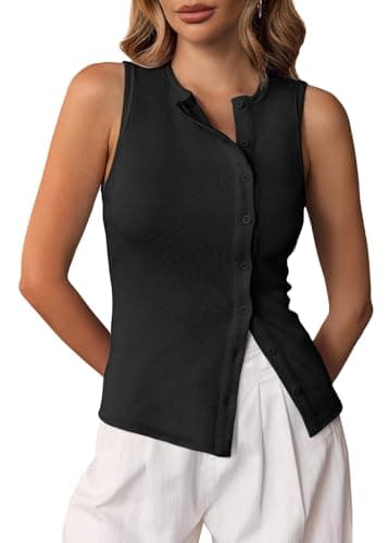 Cicy Bell Womens Button Down Tank Tops Summer Sleeveless Vest Tops Trendy Ribbed Fitted Going Out Shirts Black - Image 1