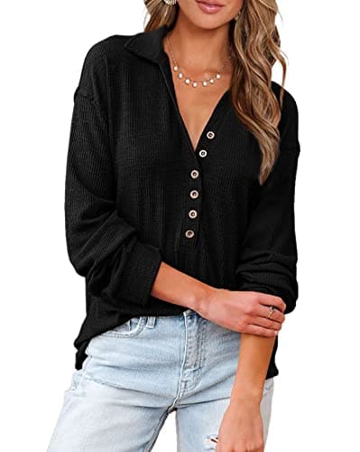 BTFBM Women Casual Button Down Fall Blouses 2025 Long Sleeve Solid Business Work Tops Cute Relaxed Fit Shirts(Solid Black, Medium) - Image 1