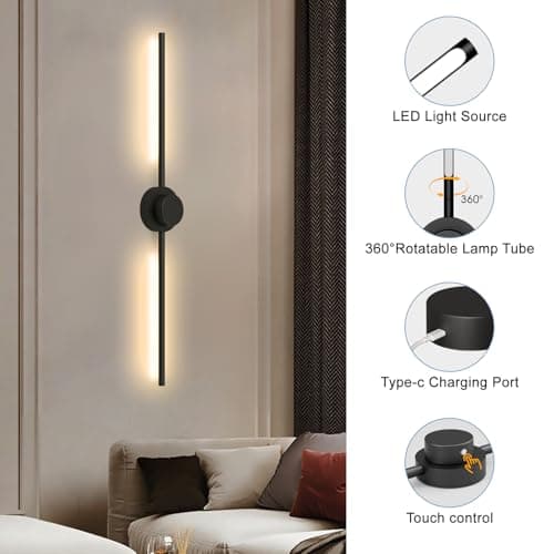 AHAWILL Battery Operated Wall Sconces Set of Two with Remote,Stepless 3CCT Dimmable, USB Rechargeable Wireless Wall Lamp,360°Rotate Wall Lights for Bedroom,43.3inch(Two Pairs of Batteries) - Thumbnail 5