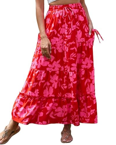 Bsubseach Womens Maxi Skirts 2026 Summer Boho Elastic High Waist Floral Print Pleated Ruffle Flowy Long Skirt with Pockets Print Red - Image 1
