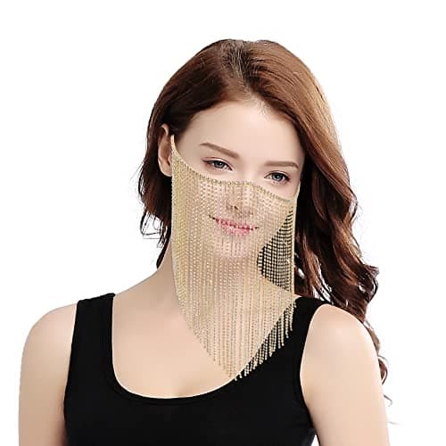 Bellady Masquerade Mask for Women Rhinestone Fringe Mardi Gras Mask Party Prom Ball Mask Bar Costumes Accessory Face Mask Gold - Thumbnail 3