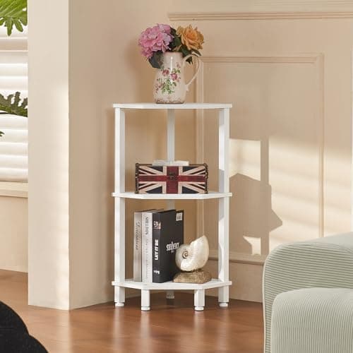 YUFAM 3-Tier Corner Shelf with Sturdy 5-Leg Base, 30in Tall Narrow Bookcase for Small Spaces, Wooden Plant Display Shelf, Thin Bookshelf for Living Room, Bedroom, Office, White - Image 1