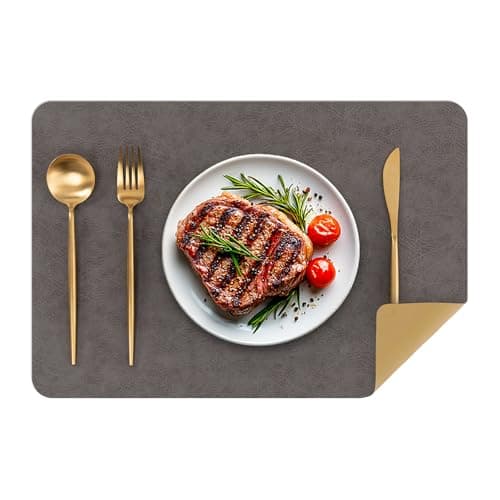 SHACOS Faux Cowhide Leather Placemats Set of 6, Wipeable Heat Resistant Table Mats, Stain Resistant Double Sided Reversible PU Place Mats for Dining Table Kitchen Restaurants, Gray and Yellow - Image 1