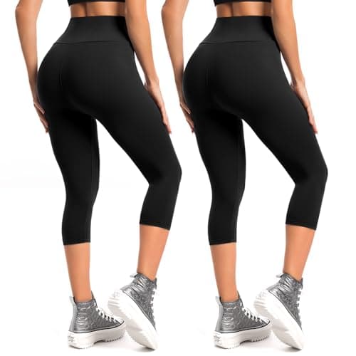 Leafigure 2-Pack Capri Leggings for Women, High Waisted Soft Yoga Pants for Gym Workout Black L-XL - Image 1