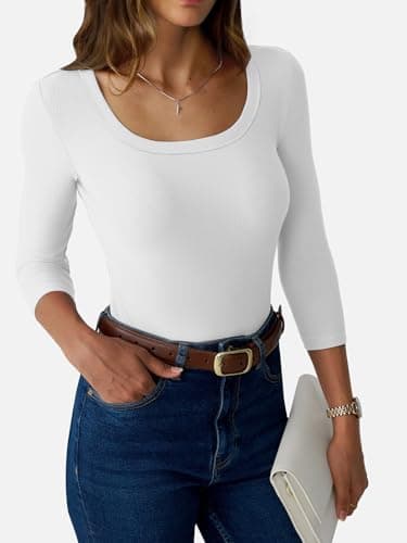 GKBK Womens 3/4 Sleeve Scoop Neck Tops Ribbed Knit Slim Fitted Casual Basic Tee Shirts 2026 Summer Fashion Trendy Work Casual T-Shirt Workout Outfits Thermal Undershirts Layering Clothes White M - Thumbnail 3