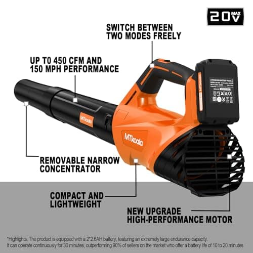 2026 Upgrade Leaf Blower,Leaf Blower Cordless with 2 * 2.6AH Batteries and Fast Charger, 450CFM &150MPH and 2 Speed Mode, Lightweight Electric Leaf Blowers for Lawn,Yard, Leaves, Dust Care (Orange) - Thumbnail 6