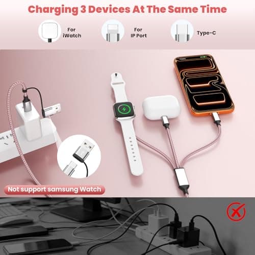 3 in 2 Multi Charging Cable for iWatch Charger/IP/USB C, Travel Cruise Essentials for Car Charger,4FT Nylon Charging Cable USB C/A Phone Charger for iWatch Series/iPhone 17-11/iPad,Home/Office/Car Use - Thumbnail 2