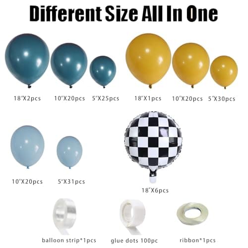 Race Car Balloon Garland Arch Kit 155Pcs Dusty Blue Yellow Latex Balloon Checkered Foil Balloons for Racing Car Truck Theme Two Fast 2nd Birthday Party Decorations - Thumbnail 2