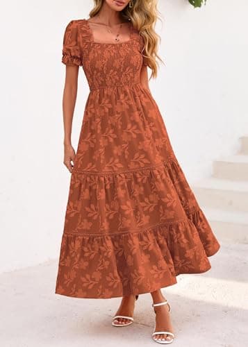 Lazysmile Women's Summer Boho Floral Maxi Dress Short Sleeve Square Neck Smocked Ruffle Elegant Wedding Guest Dress Orange - Thumbnail 5