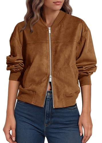 Lazysmile Women's Faux Suede Bomber Jackets Fall Fashion Outfits Winter Clothes Stand Collar Zip Up Coats Outwear - Image 1