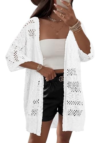 KISSMODA Womens Crochet Summer Cardigan Sweaters White Short Sleeve Lightweight Hollow Out Plus Size Cardigans for Beach for Island Getaways XL - Thumbnail 2