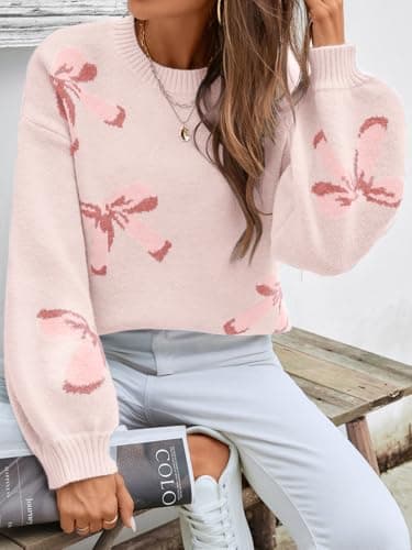 Libsorge Womens Valentine Bow Sweater 2026 Valentines Day Trendy Cute Oversized Bows Long Sleeve Pullover Sweaters Light Pink XL - Thumbnail 4