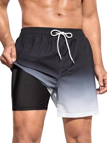 SILKWORLD Men's Swim Trunks Quick Dry Beach Shorts with Compression Liner and Zipper Pockets, Gradient-Black, XX-Large - Image 1