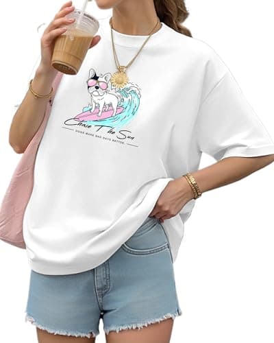 Aiyino Womens Funny Dog Graphic Tee Oversized Cute Dog Art Shirt for Pet Lovers Casual Cotton T-Shirt Gift Top Surf Dog White L - Image 1