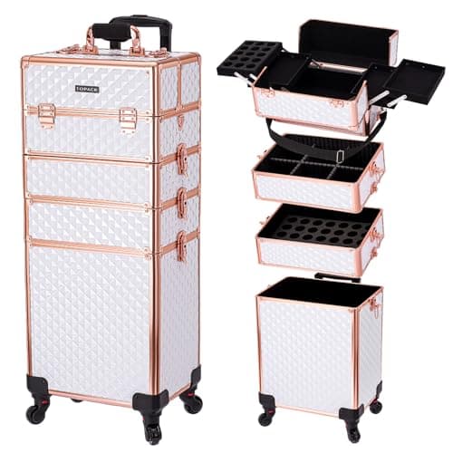 TOPACK Professional 4-In-1 Rolling Makeup Train Case, Large Makeup Travel Case with Key Shoulder Strap/Handle Cushion I Makeup Train Case Organizer I Cosmetology Case on Wheels（White Glod） - Image 1