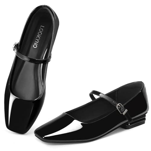 Lookyno Mary Jane Shoes Women Square Toe Mary Jane Flats Casual Ballet Flats with Ankle Strap Dressy Comfortable,Black,6 - Image 1