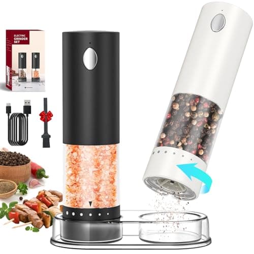 CIRCLE JOY Electric Salt and Pepper Grinder Set Rechargeable Salt and Pepper Mills with 6-Level External Adjustable Coarseness, White LED Light and Storage Base, Black & White - Image 1