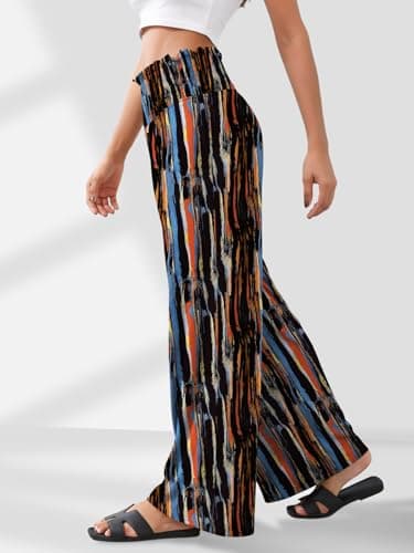 GEMLON Womens Wide Leg Pants High Waisted Palazzo Pants Summer Lounge Trousers Boho Pants with Pockets Black Print M - Thumbnail 3