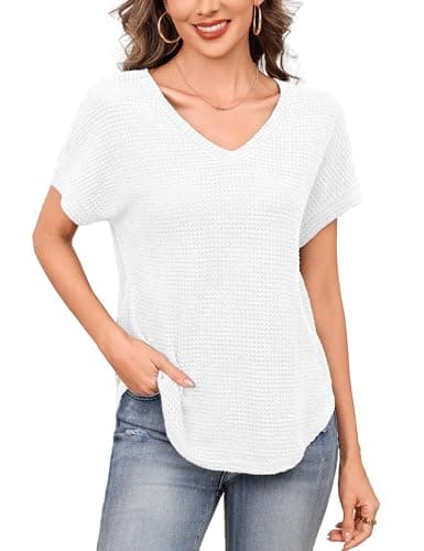 Totatuit Waffle Knit Casual Tops for Women V Neck Short Sleeve Summer Shirts Loose Fitting Curved Hem Blouses Soft Breathable Basic Tee White - Image 1