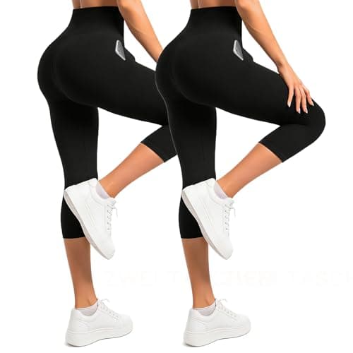 Ipletix Capri Leggings with Pockets for Women-2 Packs High Waisted Buttery Soft Opaque Yoga Pants for Gym Workout Black LXL - Image 1