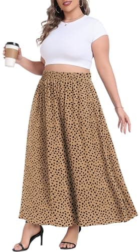 Lastshe Plus Size Maxi Skirts for Women Casual Elastic High Waisted Hide Drawstring Flowy A-line Long Skirt with Pockets,Khaki Leopard,4X - Image 1