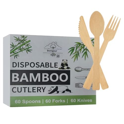 Bonigour Bamboo Cutlery Set | Compostable Utensils for Eating | 180 Pieces Bamboo Disposable Utensil [60 Forks, 60 Spoons, 60 Knives ] | Biodegradable Utensils for Parties (180) - Image 1