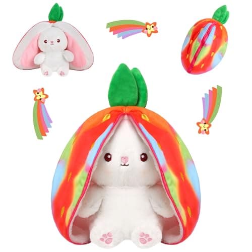 MIAODAM Rainbow Strawberry Bunny Stuffed Animal, Rainbow and Strawberry Bunny Plush Turn Into Rabbit Fruit Doll, Plushie Funny Bunny Toy for Baby (10 inch) - Image 1