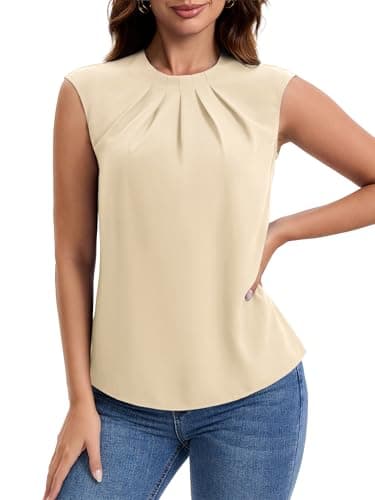 Funlingo Short Sleeve Blouses for Women Dressy Casual Summer Tunic Tank Tops Crew Neck Pleated Shirts Spring Work Business Outfits Beige S - Thumbnail 2