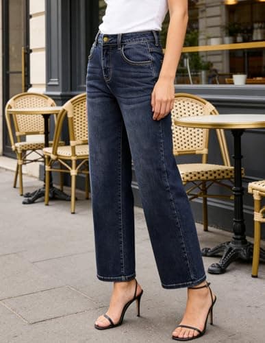 Belle Poque Women Dark Blue Wide Leg Jeans Stretchy Mid Rise Straight Leg Jeans with Pockets (Dark Blue, 10) - Thumbnail 3