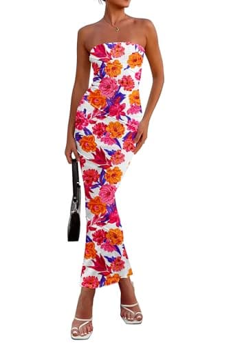 PRETTYGARDEN Women's 2026 Summer Floral Bodycon Maxi Dresses Ribbed Strapless Tube Casual Boho Party Long Dress (Floral White,Medium) - Image 1