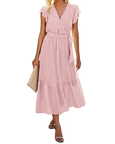 BTFBM Women Summer Bohemian Floral Casual Wrap V Neck Ruffle Cap Sleeveless Belt A-Line Pleated Hem Swing Midi Sun Dress (Pink, s) - Image 1