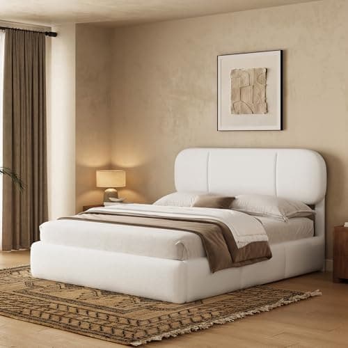 Uteeran Full Size Bed Frame with Storage, Boucle Cloud Bed with 4 Locking Drawers & LED Lights, Modern Upholstered Platform Bed, Plush Sides & Footboard, Adjustable Headboard, No Box Spring, White