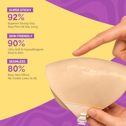 VogaChic Invisible Sticky Bra Push Up, Reusable Adhesive Bra for Backless Dress, Seamless Silicone Nipple Covers for Women's Exotic Bustiers & Corsets (B Cup, Beige, 2PCS) - Thumbnail 4