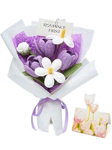 Crochet Flower Bouquet Handmade Purple Tulips Artificial Flowers with Card Unique Mothers Day Graduation Birthday Gifts for Women Mom Girlfriend Wife Eternal Flores Knitting Decorations Home Decor - Image 1