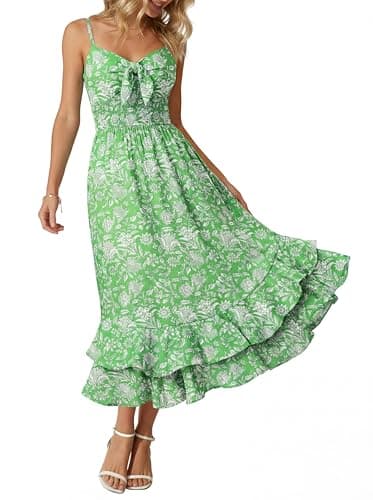 GRACE KARIN Women's Summer Floral Maxi Dress Spaghetti Strap A Line Beach Boho Dresses Ruffle Tiered Casual Dress Green 2XL - Image 1