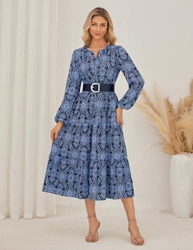 GRACE KARIN Long Sleeve Dress for Women 2026 Spring Wedding Guest Dress Floral Boho A Line Flowy Maxi Dresses with Pockets Navy Blue 2XL - Thumbnail 3