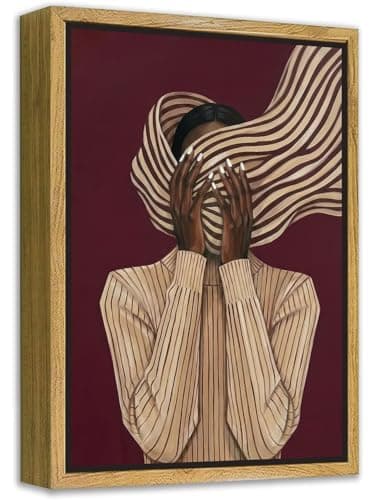 Framed Abstract Black Woman Wall Art, African American Female Striped Wall Decor Picture, Modern Minimalist Canvas Print for Apartment Living Room Bedroom Room Home Decoration 16x24in
