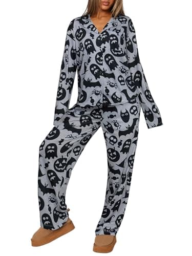 REORIA Funny Halloween Pajamas Women Button Up 2 Piece Pajama Set Sleepwear Grey Pumpkin Large - Image 1