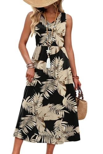 Beach Vacation Clothes for Women Sleeveless V Neck Hawaiian Flowy Casual Midi Spring Summer Dresses for Women 2026 Black Leaf Plus Size Maxi Dresses for Seniors Black Tropical XL - Image 1