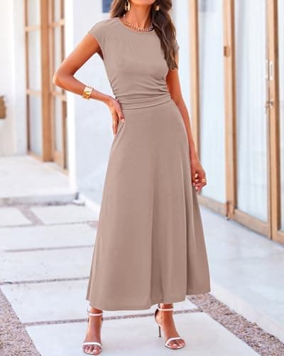 BTFBM Women Two Piece Skirt Set Summer 2025 Casual Vacation Crew Neck Short Sleeve Cropped Top Elastic Waist Midi Skirts(Khaki, Medium) - Thumbnail 2