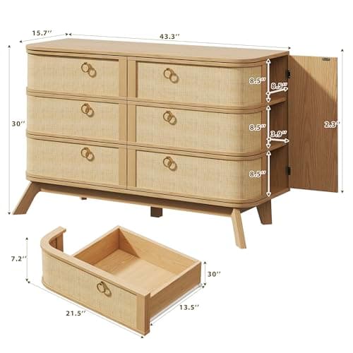 HUAHUU 6 Drawer Rattan Dresser for Bedroom, 43'' Fluted Modern Wooden Dresser with Metal Handles&Wood Legs, Curved Profile Design, Boho Chest of Drawers for Bedroom, Living Room, Natural - Thumbnail 2