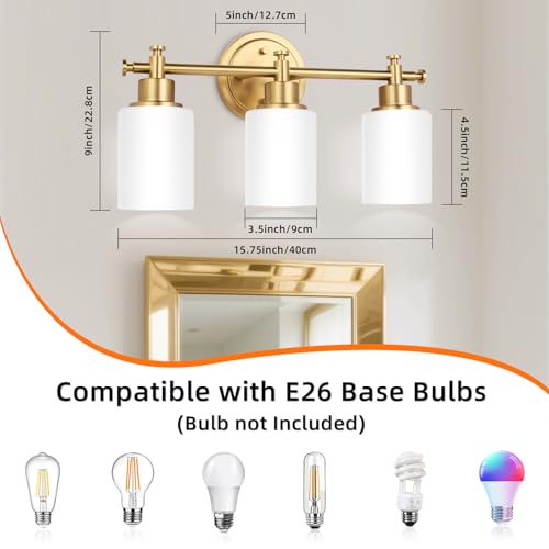 imizdlum 3-Light Gold Bathroom Vanity Light Fixtures, Brushed Gold Wall Sconce, Champagne Gold Vanity Light with Milky White Glass Shade Over Mirror, Bathroom, Bedroom, Modern Style, E26 Base - Thumbnail 3