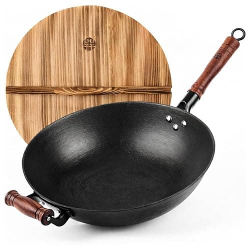 WANGYUANJI Cast Iron Wok Pan with Lid (12.6 Inch) - Handcrafted Flat Bottom Chinese Stir Fry Skillet for Induction, Electric & Gas - Walnut Wood Handle, No Coating - Image 1