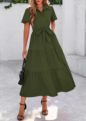 KIRUNDO Summer Button Down Wedding Guest Shirt Dresses for Women Maxi Flutter Short Sleeve Flowy Tiered Beach Sun Dress(Army Green, X-Large) - Thumbnail 6